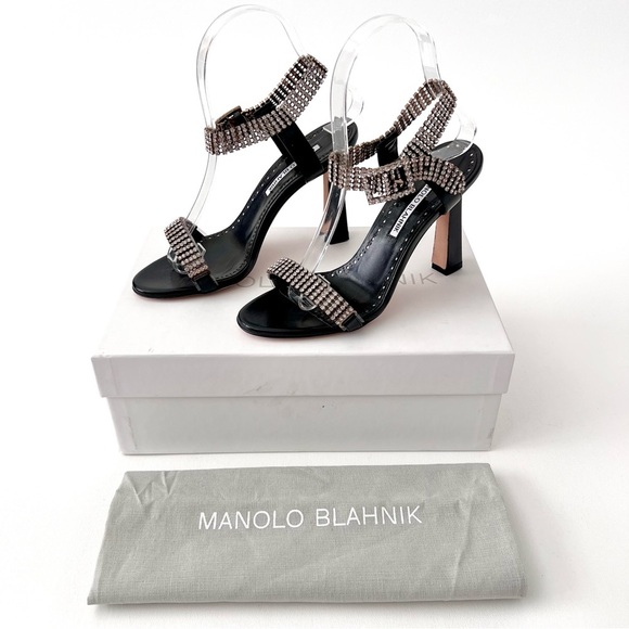 MANOLO BLAHNIK | Bashifa Black Leather Jewel Ankle Bracelet Strap Sandal US 6 - Picture 2 of 14